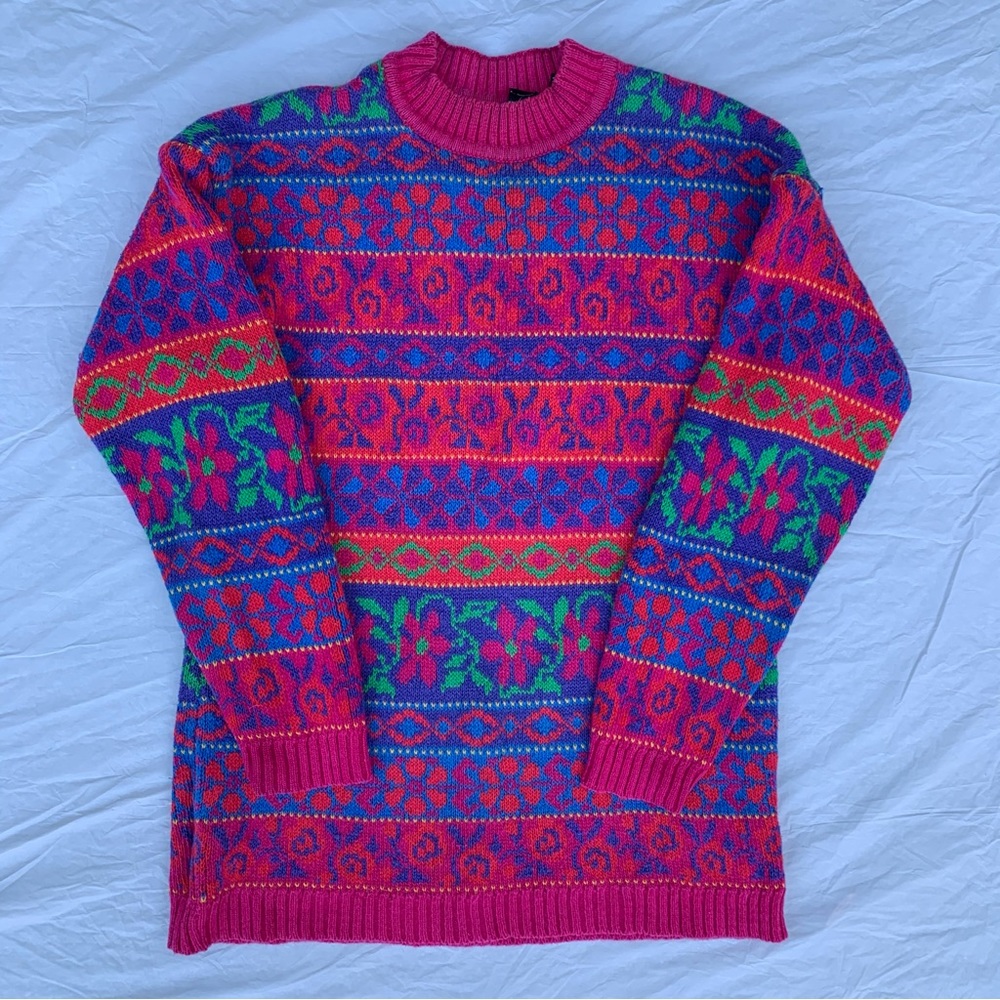 Vintage Chaus Sport Fair Isle Floral Bright Colorful Printed Sweater